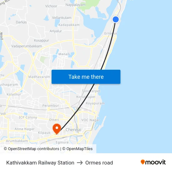 Kathivakkam Railway Station to Ormes road map