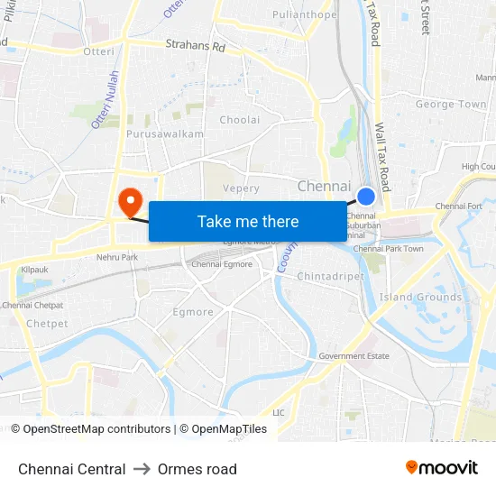 Chennai Central to Ormes road map