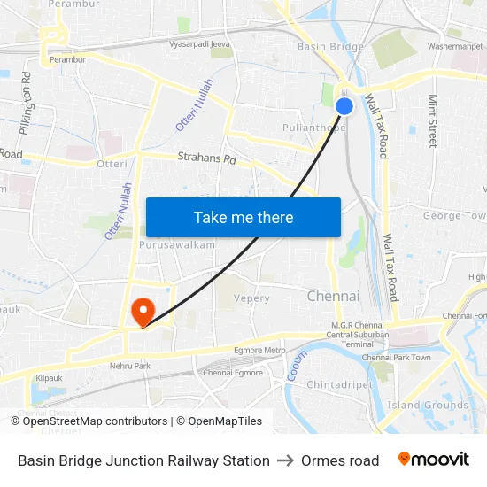 Basin Bridge Junction Railway Station to Ormes road map