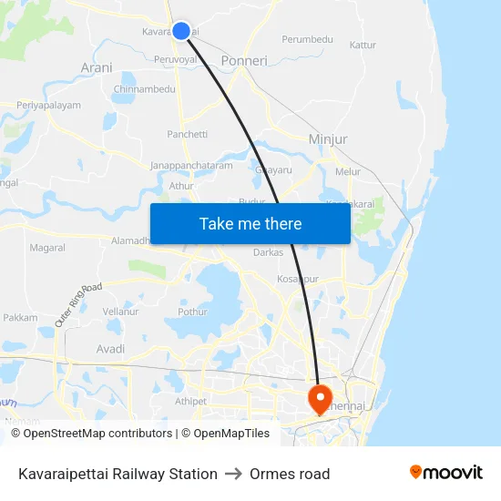 Kavaraipettai Railway Station to Ormes road map