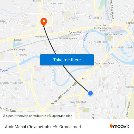 Amir Mahal (Royapettah) to Ormes road map