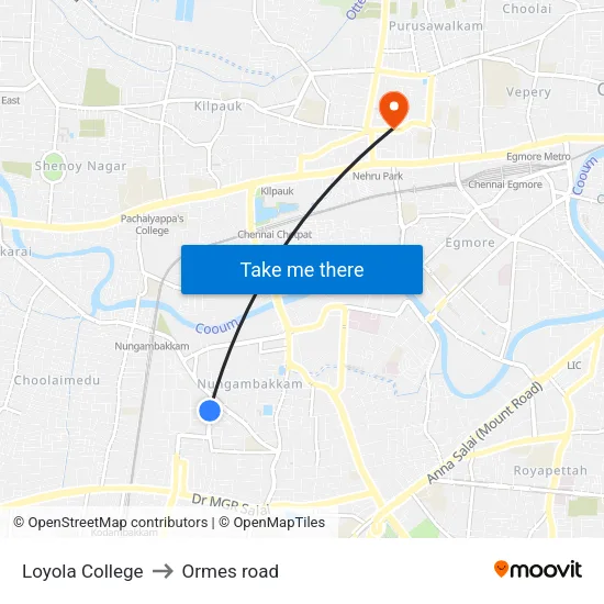 Loyola College to Ormes road map