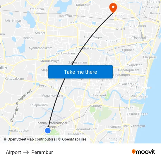 Airport to Perambur map