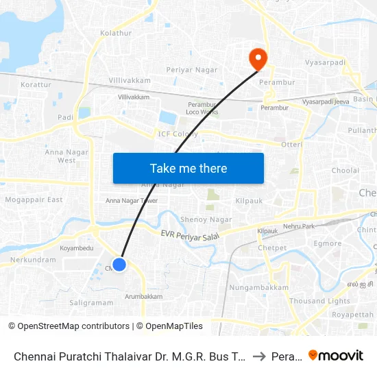 Chennai Puratchi Thalaivar Dr. M.G.R. Bus Terminus (CMBT Koyambedu) to Perambur map