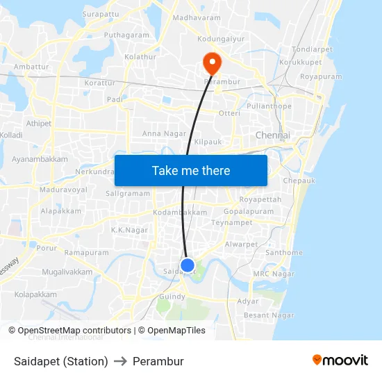 Saidapet (Station) to Perambur map