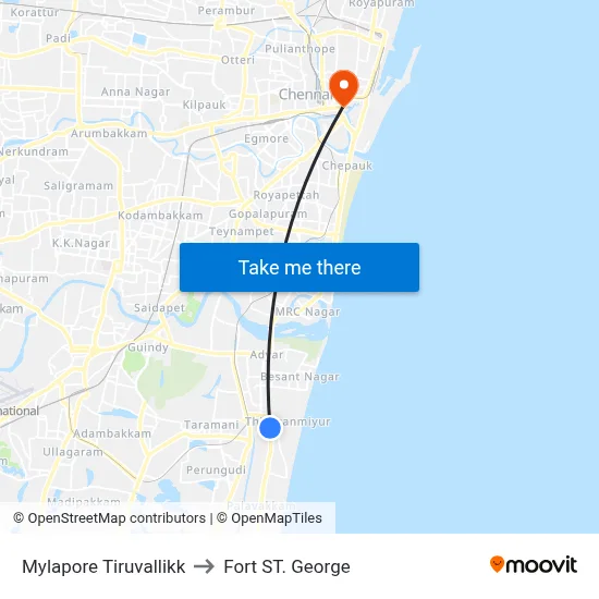 Mylapore Tiruvallikk to Fort ST. George map