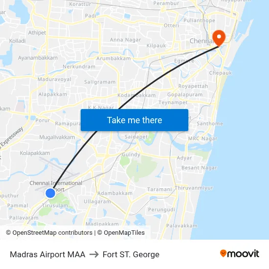 Madras Airport MAA to Fort ST. George map