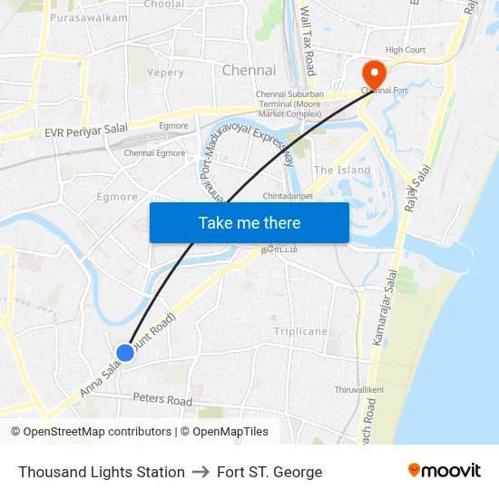 थाउजेंड लाइट्स स्टेशन to फोर्ट सेंट जॉर्ज map