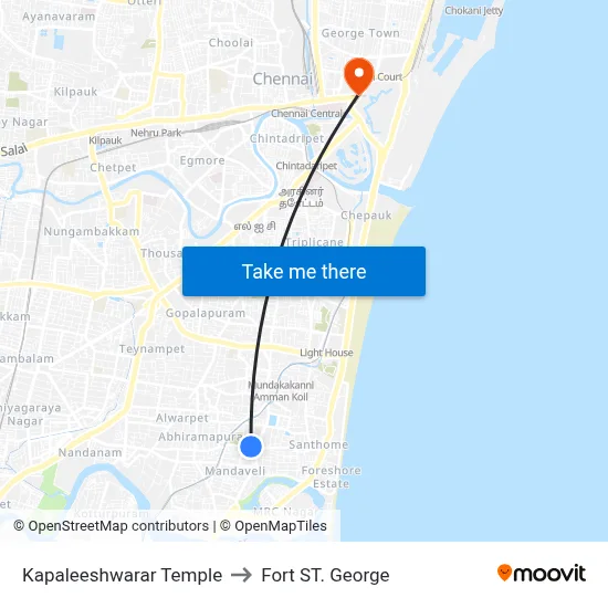 कपालीश्वरर मंदिर to फोर्ट सेंट जॉर्ज map
