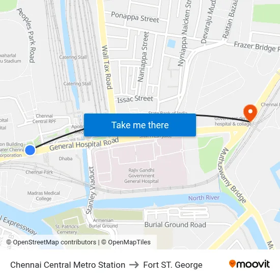 चेन्नई सेंट्रल मेट्रो स्टेशन to फोर्ट सेंट जॉर्ज map