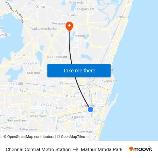 Chennai Central Metro Station to Mathur Mmda Park map