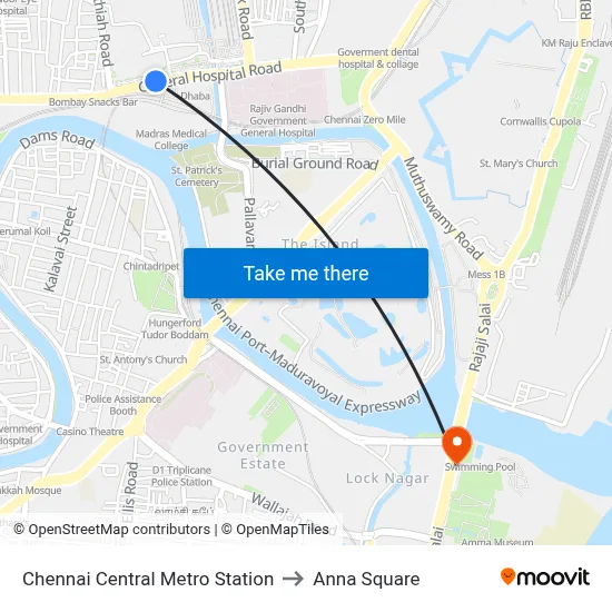 Chennai Central Metro Station to Anna Square map