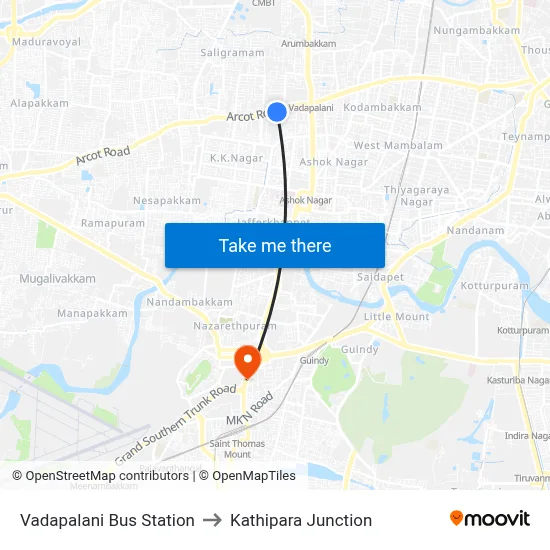 Vadapalani Bus Station to Kathipara Junction map