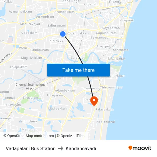 Vadapalani Bus Station to Kandancavadi map