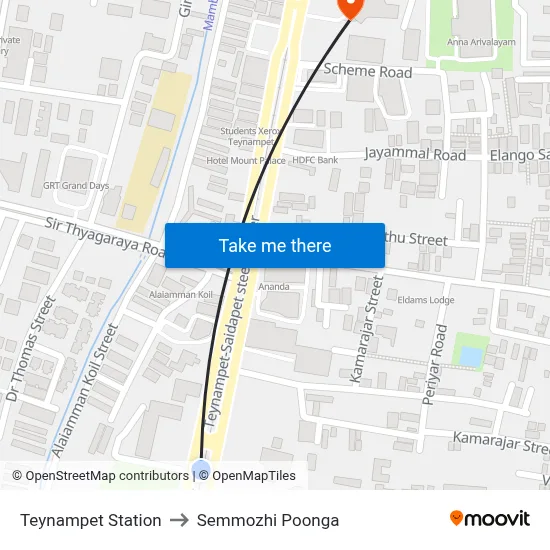 Teynampet Station to Semmozhi Poonga map
