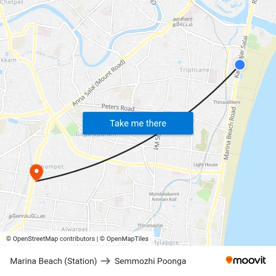 Marina Beach (Station) to Semmozhi Poonga map