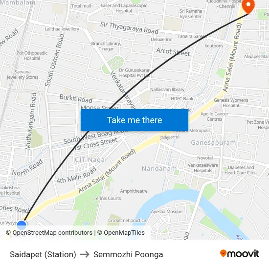 Saidapet (Station) to Semmozhi Poonga map