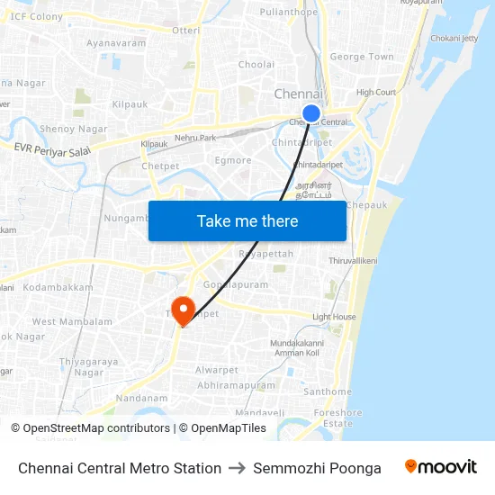 Chennai Central Metro Station to Semmozhi Poonga map