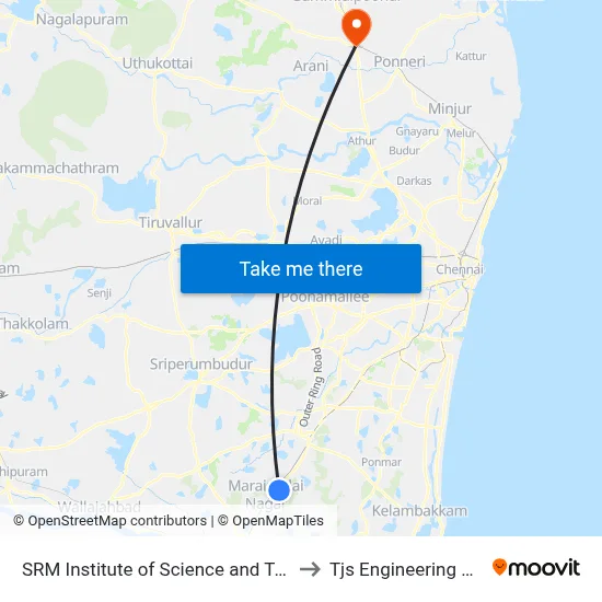 SRM Institute of Science and Technology to Tjs Engineering College map