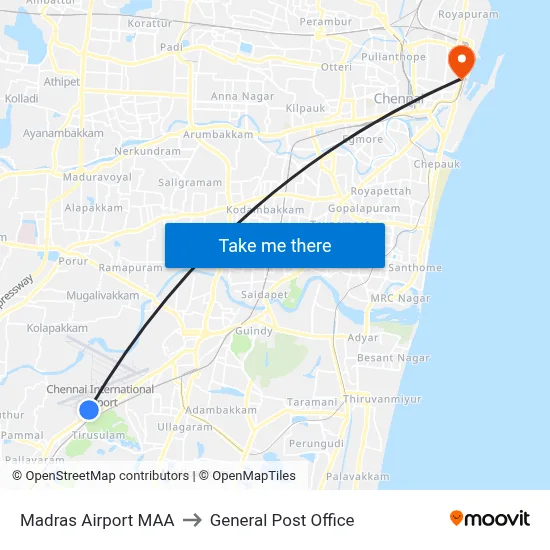 Madras Airport MAA to General Post Office map