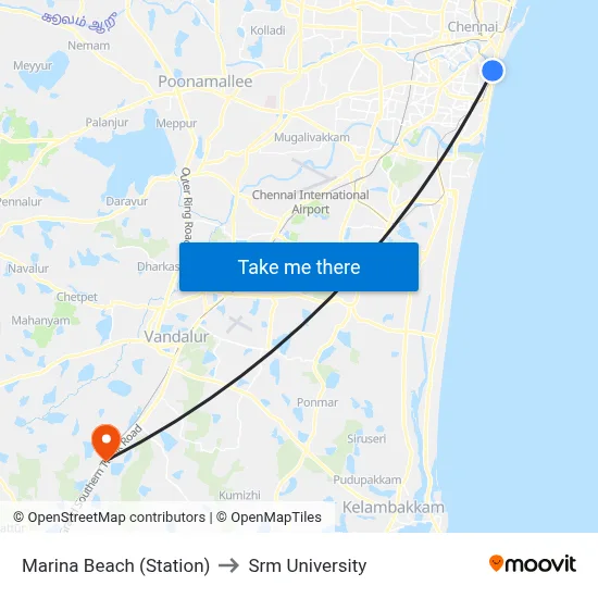 Marina Beach (Station) to Srm University map