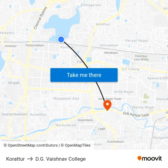 Korattur to D.G. Vaishnav College map