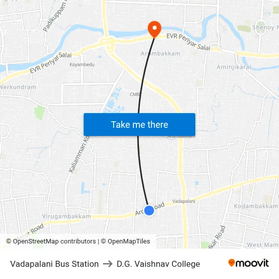 Vadapalani Bus Station to D.G. Vaishnav College map