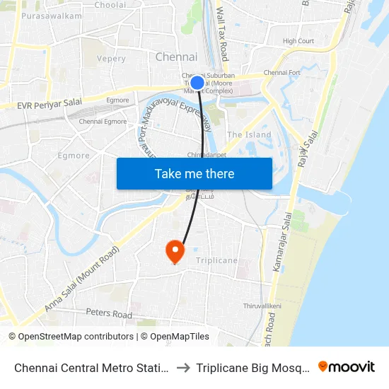Chennai Central Metro Station to Triplicane Big Mosque map