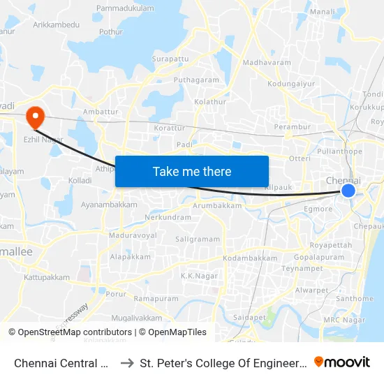 Chennai Central Metro Station to St. Peter's College Of Engineering And Technology map