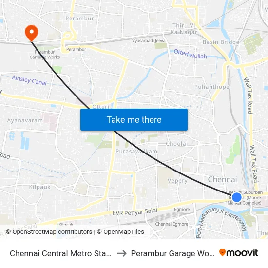 Chennai Central Metro Station to Perambur Garage Works map
