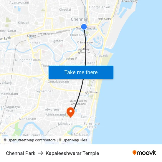 Chennai Park to Kapaleeshwarar Temple map