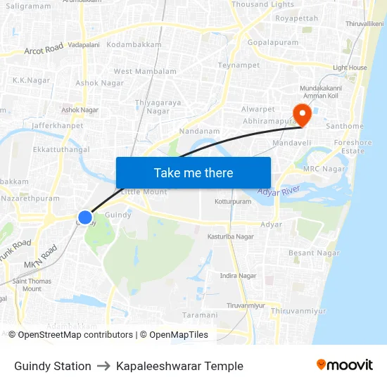Guindy Station to Kapaleeshwarar Temple map