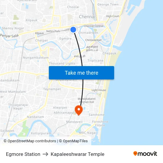 Egmore Station to Kapaleeshwarar Temple map