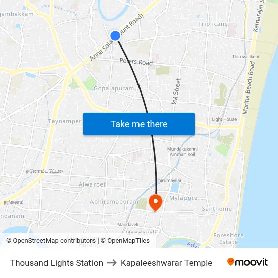 Thousand Lights Station to Kapaleeshwarar Temple map