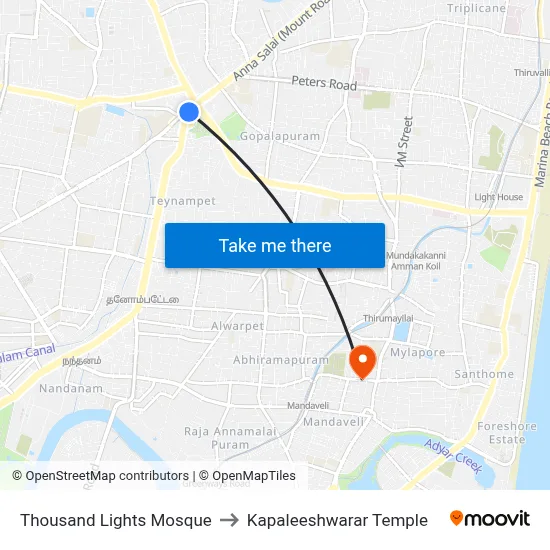 Thousand Lights Mosque to Kapaleeshwarar Temple map