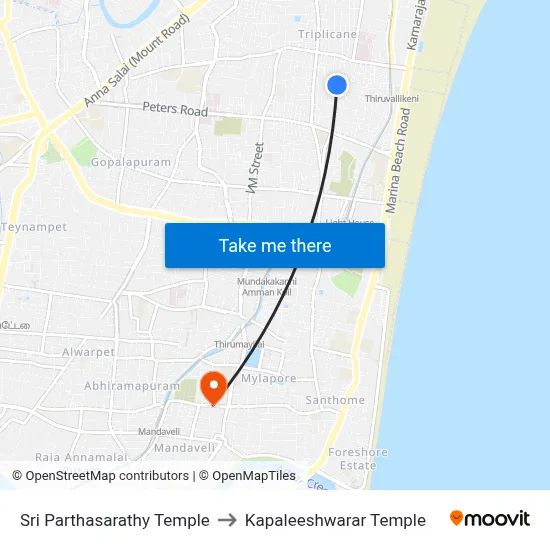 श्री पार्थसारथी मंदिर to कपालीश्वरर मंदिर map