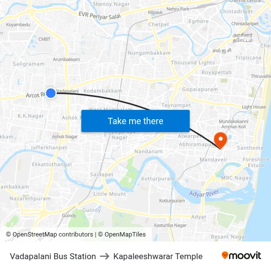 Vadapalani Bus Station to Kapaleeshwarar Temple map