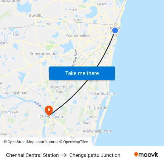 Chennai Central Station to Chengalpattu Junction map