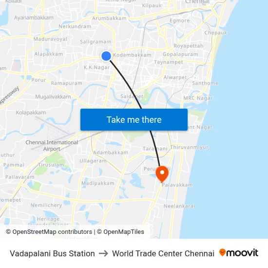 Vadapalani Bus Station to World Trade Center Chennai map