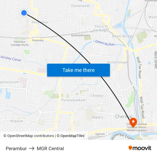 Perambur to MGR Central map