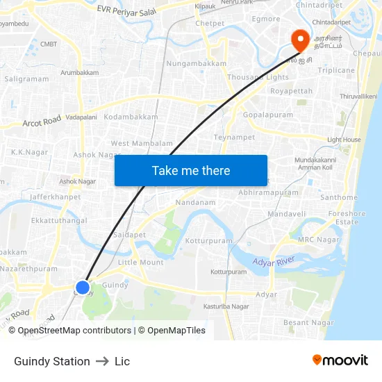 Guindy Station to Lic map