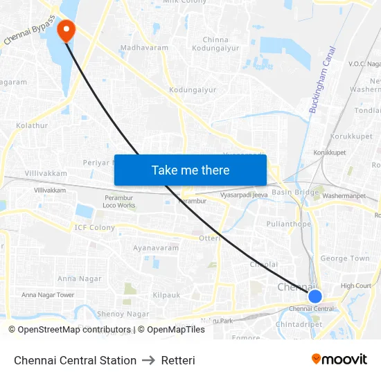 Chennai Central Station to Retteri map