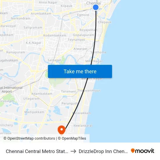 Chennai Central Metro Station to DrizzleDrop Inn Chennai map