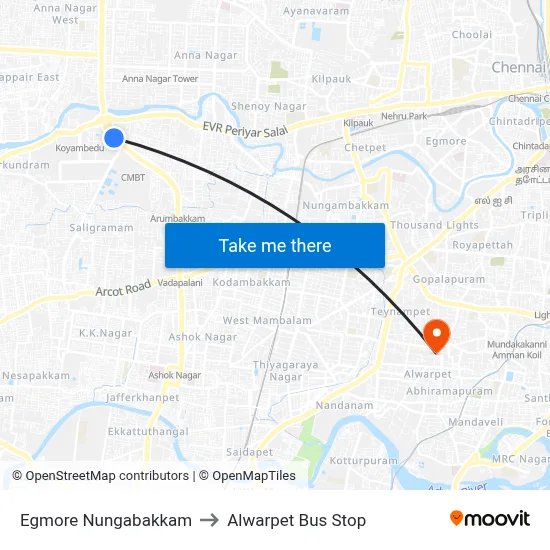 Egmore Nungabakkam to Alwarpet Bus Stop map