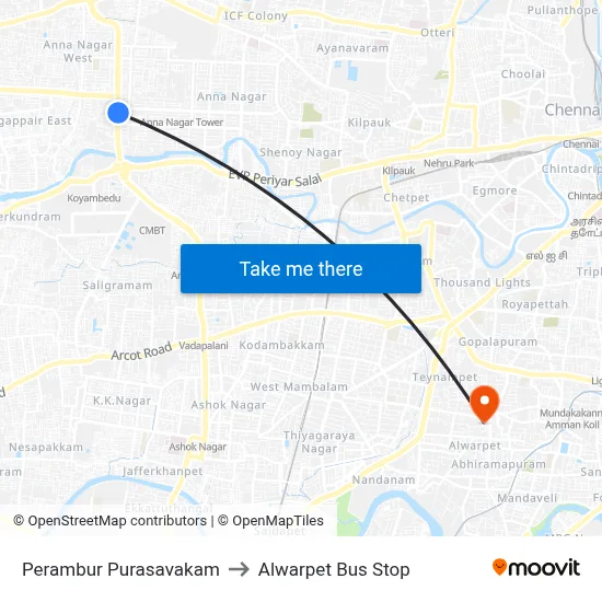 Perambur Purasavakam to Alwarpet Bus Stop map