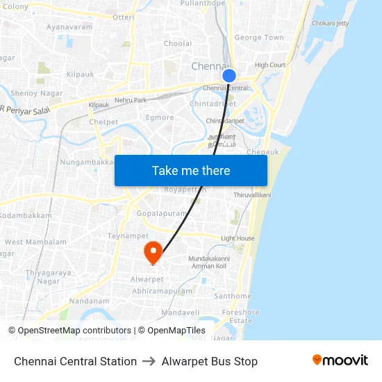 Chennai Central Station to Alwarpet Bus Stop map