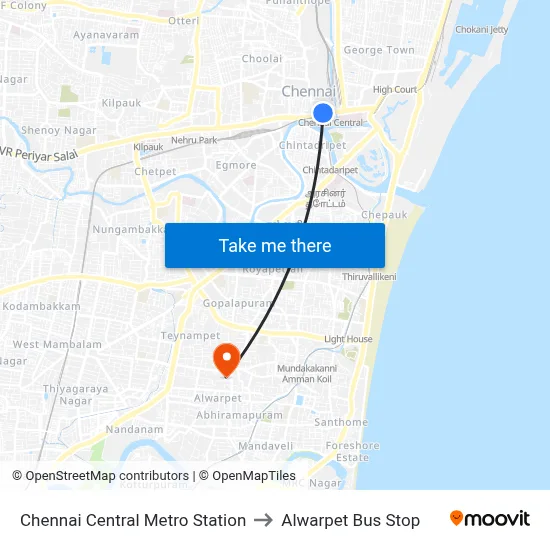 Chennai Central Metro Station to Alwarpet Bus Stop map
