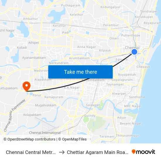 Chennai Central Metro Station to Chettiar Agaram Main Road Junction map