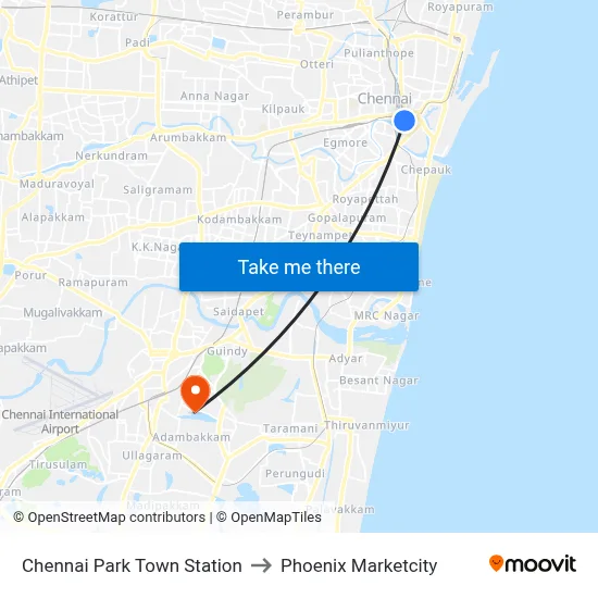 Chennai Park Town Station to Phoenix Marketcity map