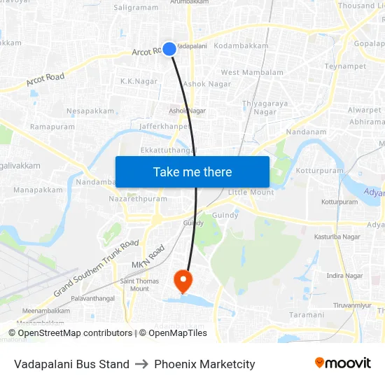 Vadapalani Bus Stand to Phoenix Marketcity map